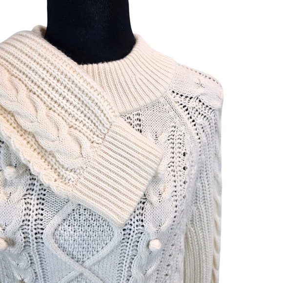 J. Crew Lambswool Blend Pom Pom Cable Knit Sweater Ivory Size Medium Capsule - Picture 9 of 13